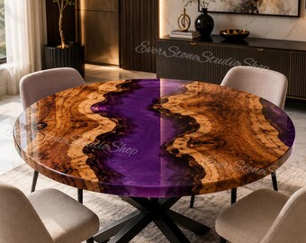 Round Purple Epoxy Resin Dining Table, Burl Wood River Table, Live Edge Round Kitchen Table, Luxury Custom Dining modern & luxury Furniture