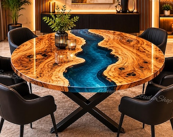 Luxury Round Epoxy River Dining Table | Olive Wood & Blue Resin Table | Live Edge Walnut Dining Table | Custom Handmade Furniture
