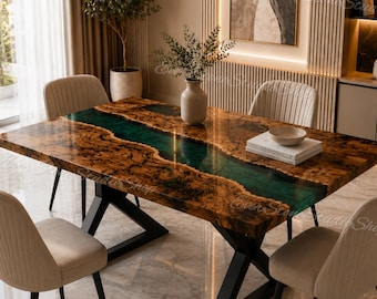 Luxe Live Edge Epoxy River Eettafel | Groene hars en wortelnotenhout ronde eettafel | Op maat gemaakte handgemaakte moderne tafel