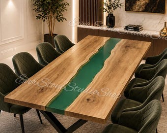 Live Edge Green Epoxy River Dining Table, Walnut Wood Table, Custom Resin Table, Large Conference Table, Luxury Modern table Furniture
