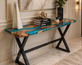 Luxury Live Edge Epoxy Resin Console Table, Blue River Entryway Table, Rustic Walnut Hallway Table