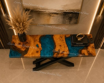 Luxury Live Edge Resin Console Table, Wood River Entryway Table, Modern Burl Wood Sofa Table, Deep Blue Epoxy Resin Furniture