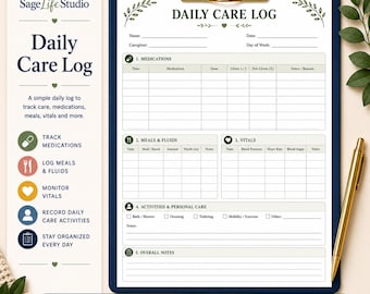 Daily Care Log Printable for Medications, Meals, Vitals, and Notes