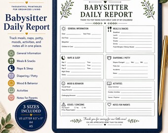 Babysitter Daily Report Printable | Sitter Notes PDF | A4 A5 US Letter