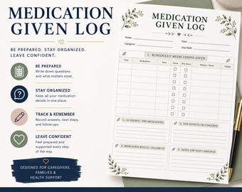 Medication Given Log Printable for Caregivers and Home Healthcare
