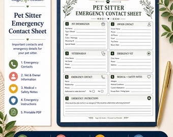 Pet Sitter Emergency Contact Sheet Printable, Dog Cat Sitter Instructions, Pet Care Form, Vet Info Sheet, Instant Download PDF