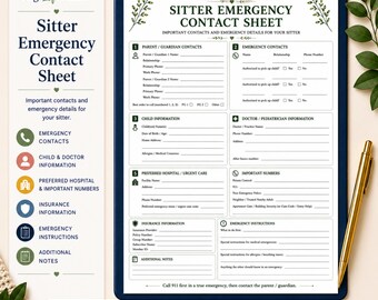 Babysitter Emergency Contact Sheet Printable, Sitter Emergency Contacts