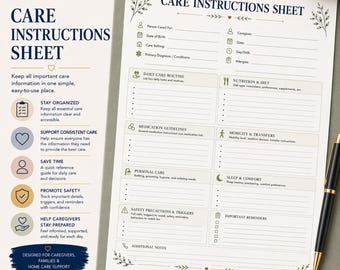Care Instructions Sheet Printable for Caregivers and Home Healthcare