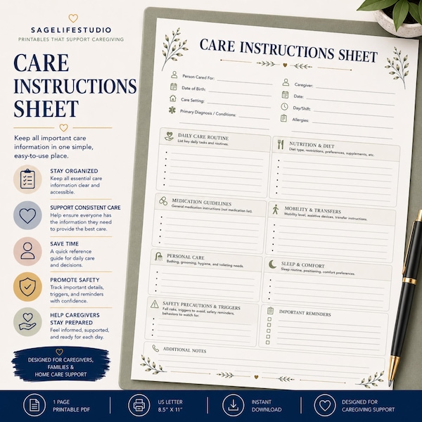 Care Instructions Sheet Printable