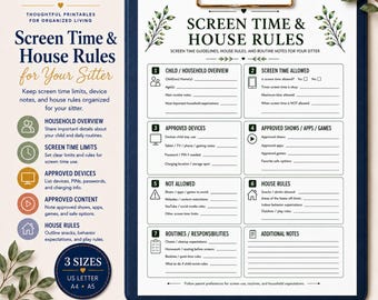 Screen Time House Rules for Sitter, Babysitter Instructions Printable, Device Rules, House Rules Template, Babysitting Notes, Sitter Form