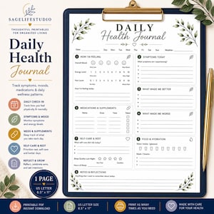 Puede incluir: Un diario de salud diario imprimible en tamaño US Letter (21,59 cm x 27,94 cm). El diario incluye secciones para rastrear el estado de ánimo, los síntomas, los medicamentos, el autocuidado y la ingesta de alimentos. El diseño presenta detalles florales y el texto "Daily Health Journal".