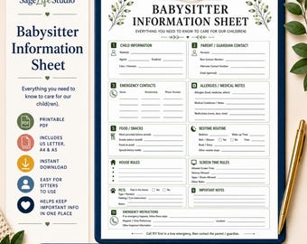 Babysitter Information Sheet Printable, Sitter Info Sheet PDF, Babysitter Emergency Info Form, Nanny Printable, Childcare Organizer