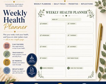 Weekly Health Tracker Printable for Medications, Symptoms and Energy Levels