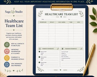 Healthcare Team List Printable for Medical Providers and Insurance Information