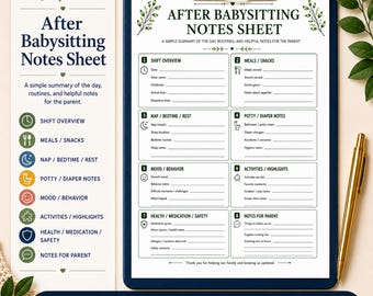 After Babysitting Notes Sheet, Babysitter Report Printable, Sitter Notes for Parents, Nanny Daily Summary, Childcare Notes Form