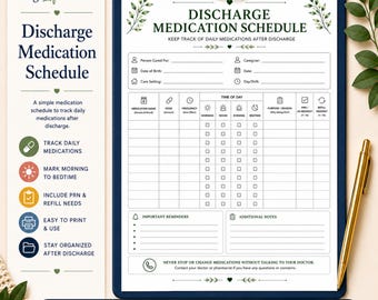 Hospital Discharge Medication Schedule, Printable Caregiver Medicine Tracker, Medication Log for Post Surgery Recovery