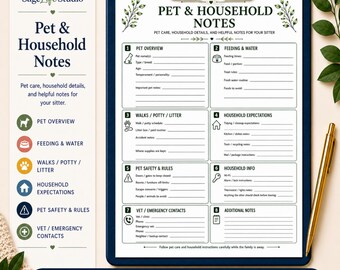 Pet Household Notes for Sitter, Pet Sitter Instructions Printable, Dog Sitter Notes, Cat Sitter Planner, House Sitting Checklist, Pet Care