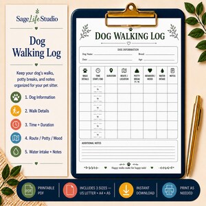May include: A Dog Walking Log printable template on a dark blue clipboard with a gold clip. The log features sections for dog information, walk details, time, duration, route, potty breaks, behavior, water intake, and notes. Includes a gold pen.