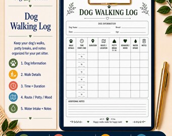 Dog Walking Log Printable, Pet Sitter Walk Tracker, Dog Potty Break Chart, Dog Sitter Notes, Instant Download PDF