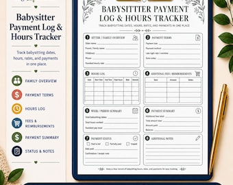 Babysitter Payment Log and Hours Tracker, Babysitting Hours Sheet, Sitter Payment Tracker, Nanny Pay Log, Childcare Payment Printable