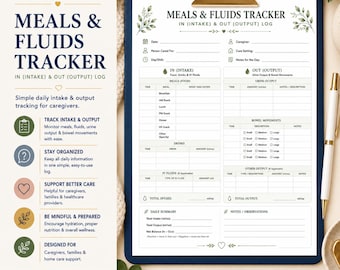 Meals and Fluids Tracker Printable for Caregivers and Home Healthcare