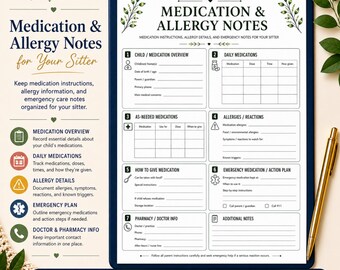 Medication and Allergy Notes for Sitter, Babysitter Medication Log, Allergy Instructions Printable, Emergency Care Notes, Sitter Form