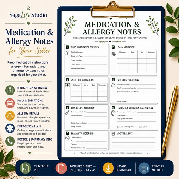 Medication and Allergy Notes for Sitter