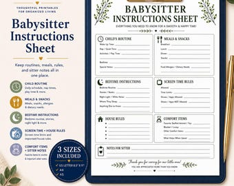 Babysitter Instructions Sheet Printable | Sitter Notes PDF | A4 A5 US Letter