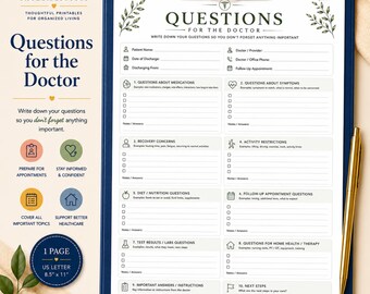Questions for the Doctor, Printable Appointment Notes, Medical Visit Planner PDF