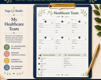 My Healthcare Team Printable for Medical Providers, Insurance, and Pharmacy Information