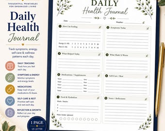 Daily Health Journal Printable for Symptom and Wellness Tracking