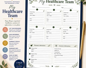 My Healthcare Team Printable for Medical Provider and Insurance Organization