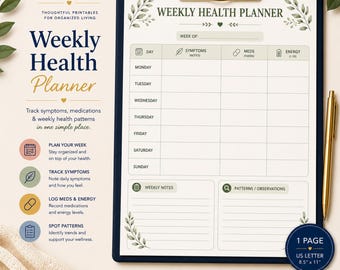 Weekly Health Planner Printable for Symptom and Wellness Tracking