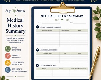 Medical History Summary Printable for Medical Binders and Doctor Visits