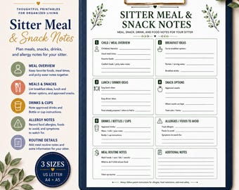 Sitter Meal and Snack Notes Printable, Babysitter Food Instructions, Kids Meal Planner, Allergy Notes, Babysitting Form, Sitter Info Sheet