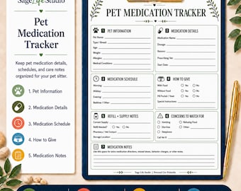 Pet Medication Tracker Printable, Dog Cat Medicine Schedule, Pet Sitter Instructions, Pet Care Form, Instant Download PDF