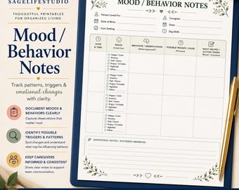 Mood and Behavior Tracker Printable for Caregivers and Elder Care Notes