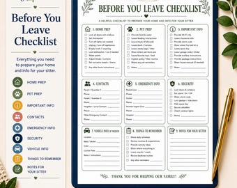 Before You Leave Checklist for Sitter, Babysitter Instructions Printable, House Prep Checklist, Pet Prep, Emergency Info, Sitter Form