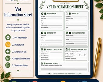 Vet Information Sheet Printable, Pet Medical Info Form, Dog Cat Vet Details, Pet Sitter Instructions, Instant Download PDF