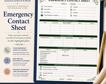 Emergency Contact Sheet Printable for Caregivers and Medical Binders