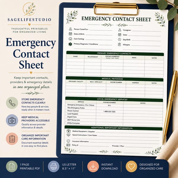 Emergency Contact Sheet Printable