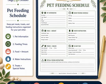 Pet Feeding Schedule Printable, Dog Cat Feeding Chart, Pet Sitter Instructions, Pet Care Form, Instant Download PDF