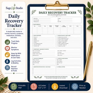 以下が含まれることがあります： USレターサイズ（21.6 x 27.9 cm）の印刷可能なDaily Recovery Tracker。青と白のドキュメントには、毎日のチェックイン、基本的な回復、薬、症状、活動、メモのセクションが含まれています。右側には金のペンが置かれています。