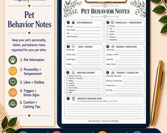 Pet Behavior Notes Printable, Dog Cat Behavior Tracker, Pet Sitter Instructions, Pet Personality Form, Instant Download PDF