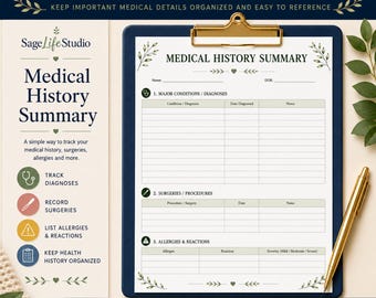 Medical History Summary Printable for Conditions, Surgeries, and Allergies