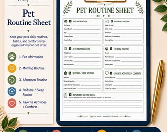 Pet Routine Sheet Printable, Dog Cat Daily Routine Chart, Pet Sitter Instructions, Pet Care Form, Instant Download PDF