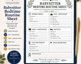 Babysitter Bedtime Routine Sheet Printable | Sitter Notes PDF | A4 A5 US Letter