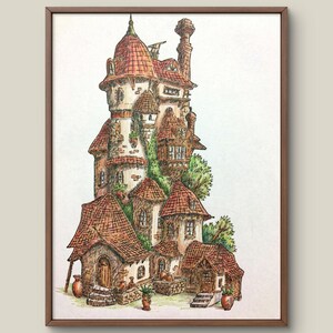 May include: A framed ink and watercolor illustration of a multi-story building with a tall central tower, numerous smaller gabled sections, and steep red-tiled roofs. The structure features stone walls, arched windows, and potted plants.