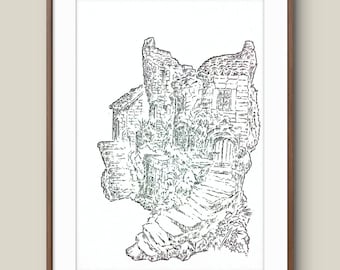 Vergessene Steinpassage – Fantasie Tuschezeichnung | Quiet Ruined Village Architektur Kunst