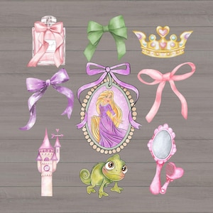 May include: DTF heat transfer design featuring a collection of princess-themed graphics. Includes a perfume bottle, bows, a crown, a princess portrait, a castle, a chameleon, and a mirror. The text "READY TO PRESS" and "DTF HEAT TRANSFER" are displayed.